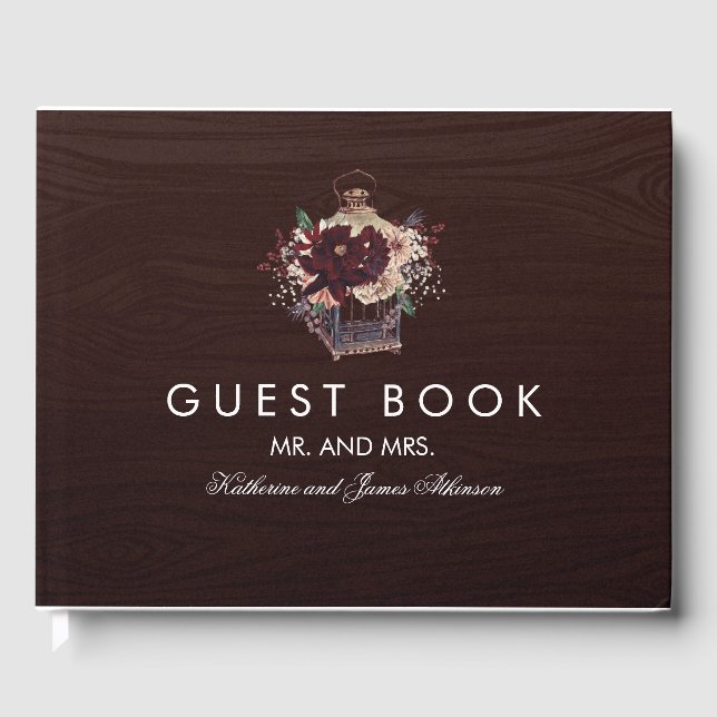 Burgundy Floral Lantern Rustic Fall Wedding Guest Book (Front)