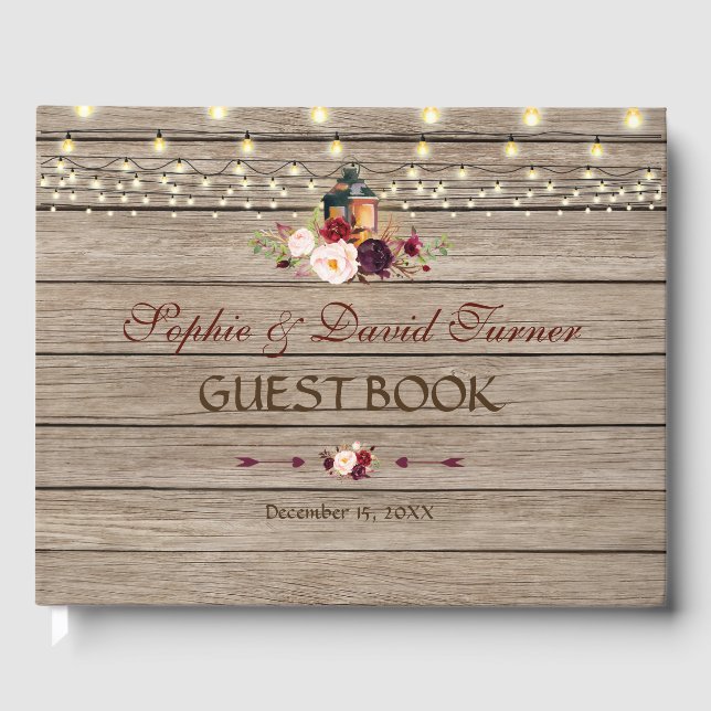 Burgundy Floral Lantern String Lights Wedding Guest Book (Front)