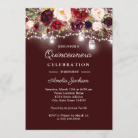Burgundy Floral Lights 15th Quinceanera Invitation