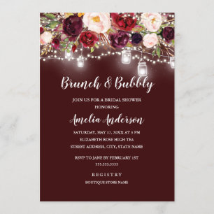 Burgundy Floral Lights Brunch And Bubbly Shower Invitation