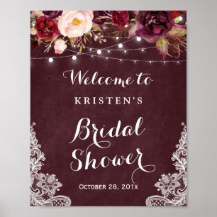 Burgundy Floral Lights Lace Bridal Shower Sign
