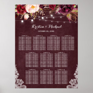 Burgundy Floral Lights Lace Wedding Seating Chart