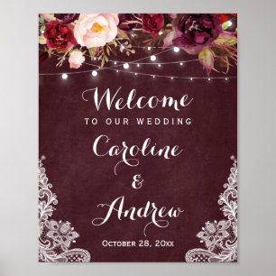 Burgundy Floral Lights Lace Wedding Welcome Sign