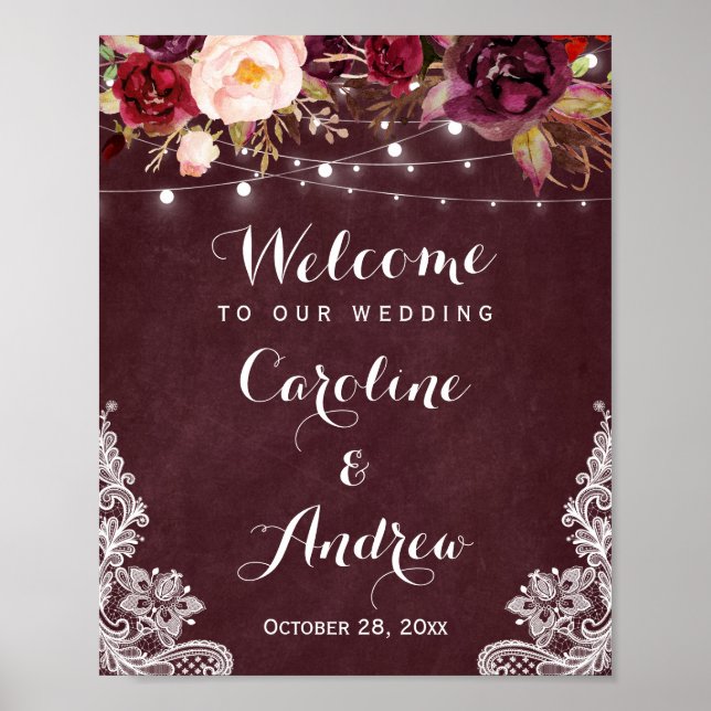 Burgundy Floral Lights Lace Wedding Welcome Sign (Front)