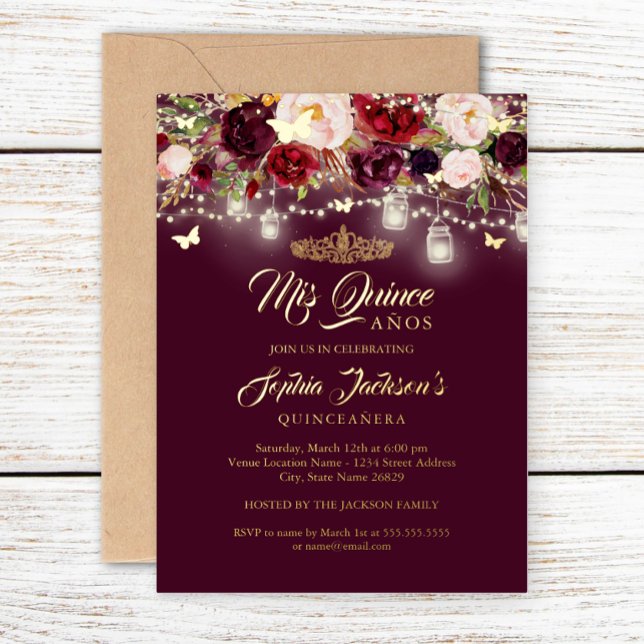 Burgundy Floral Lights Quinceanera Foil Invitation (Creator Uploaded)