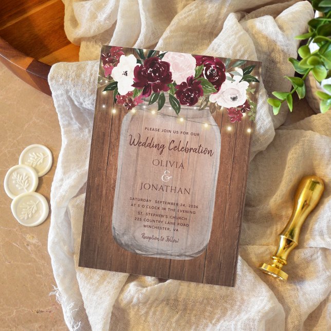 Burgundy Floral Lights Rustic Wood Wedding Invitation (Creator Uploaded)