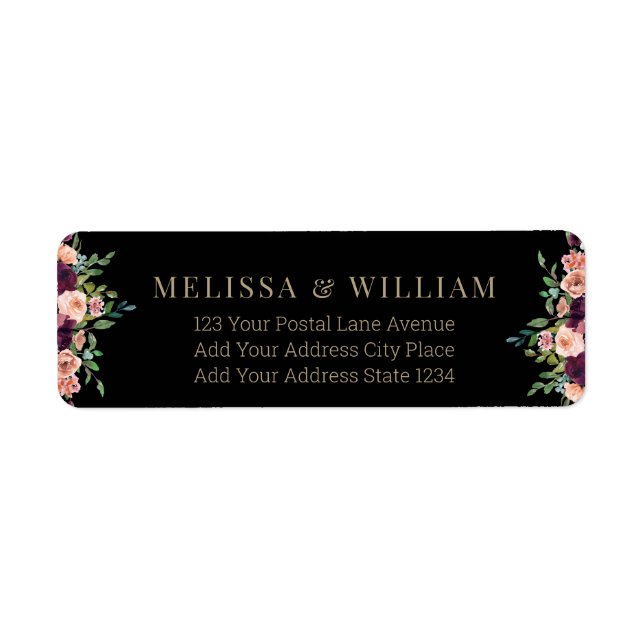 Burgundy Floral Mariage Black Adresse de retour (Devant)