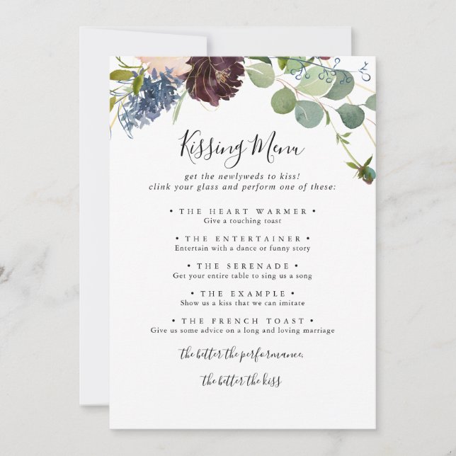 Burgundy Floral Mariage Kissing Menu Carte de jeu (Devant)