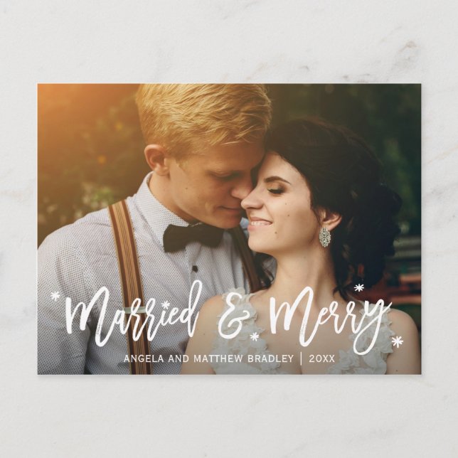 Burgundy Floral Married and Merry Christmas Photo Holiday Postcard (Front)