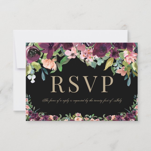 Burgundy Floral Marsala Black Wedding RSVP (Front)