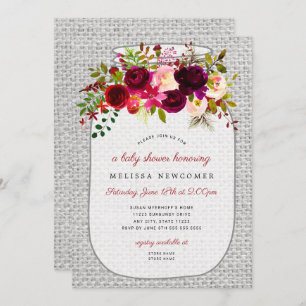 Burgundy floral mason jar baby shower invitation