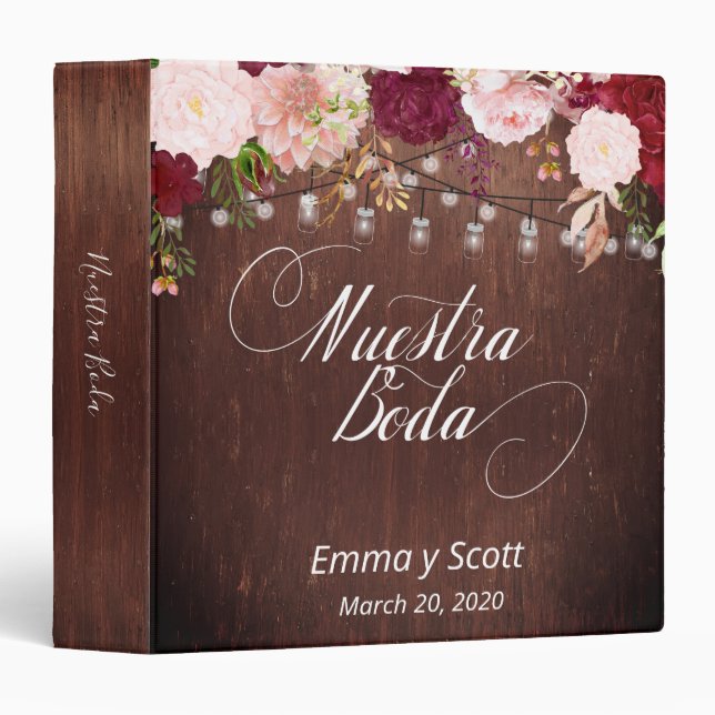 Burgundy Floral Mason Jar Nuestra Boda Spanish Binder (Front/Spine)