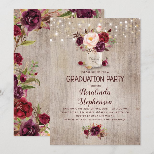 Burgundy Floral Mason Jar Rustic Graduation Party Invitation (Front/Back)