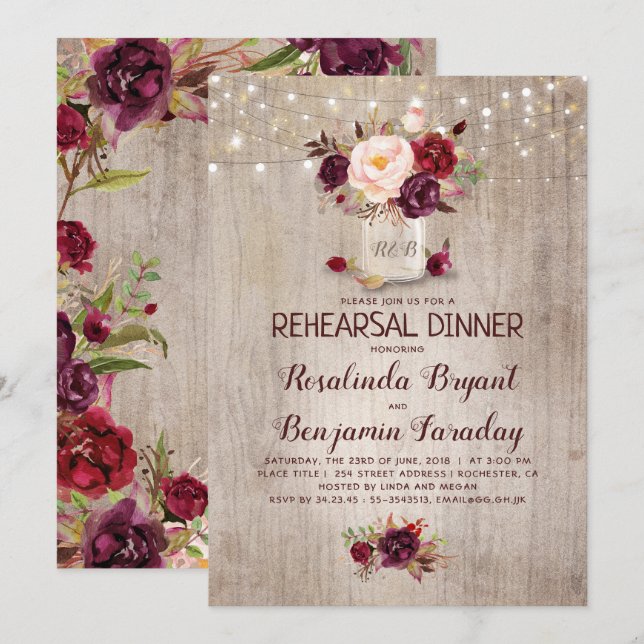 Burgundy Floral Mason Jar Rustic Rehearsal Dinner Invitation (Front/Back)
