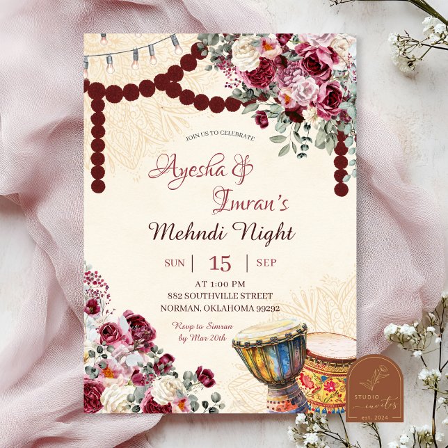 Burgundy Floral Mehndi, Haldi, Sangeet, Rokka Invitation (Creator Uploaded)