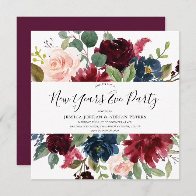 Burgundy Floral Modern New Years Eve Party Invitation (Front/Back)