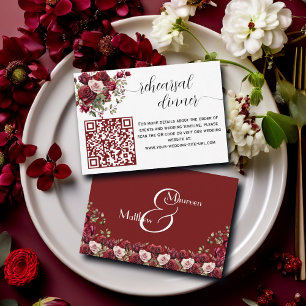 Burgundy Floral Modern QR Code Rehearsal dinner Enclosure Card