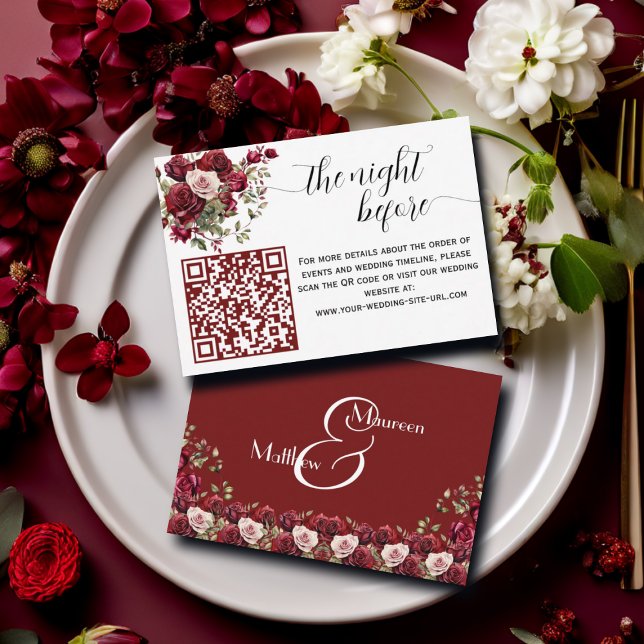 Burgundy Floral Modern QR Code The Night Before Enclosure Card (Creator Uploaded)