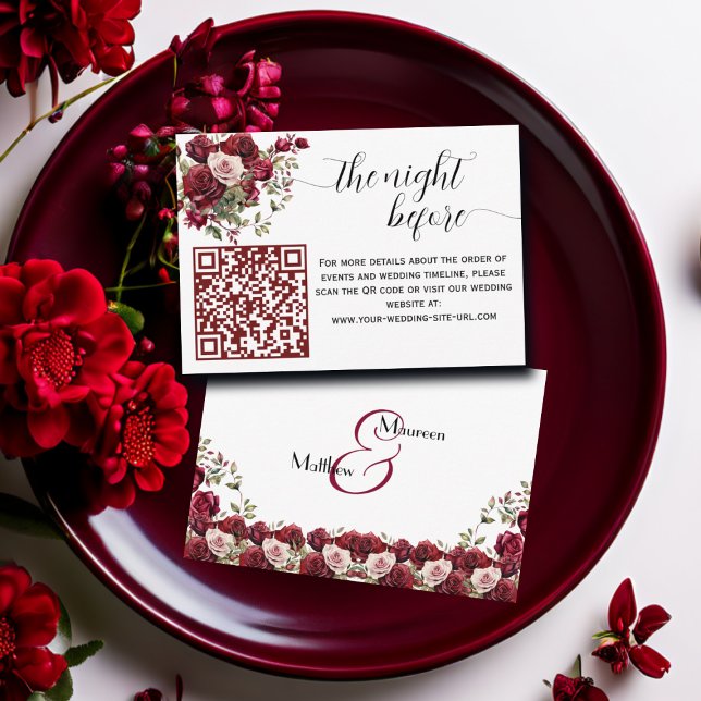 Burgundy Floral Modern QR Code The Night Before Enclosure Card (Creator Uploaded)