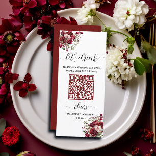 Burgundy Floral Modern QR Code Wedding Bar Menu