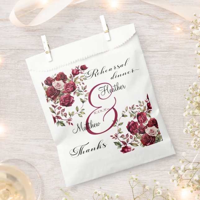 Burgundy Floral Modern 'Rehearsal dinner' Wedding Favour Bag (Clipped)