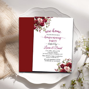 Burgundy Floral Modern Script Housewarming Party Invitation