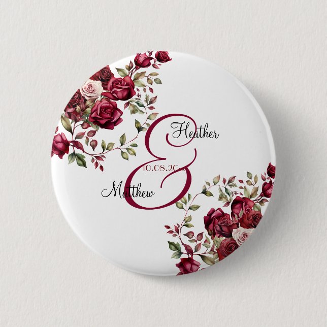 Burgundy Floral Modern Script Wedding 2 Inch Round Button (Front)