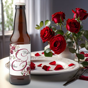 Burgundy Floral Modern Script Wedding Beer Bottle Label