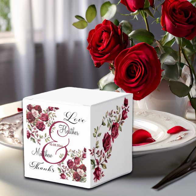 Burgundy Floral Modern Script Wedding Favor Box (Creator Uploaded)