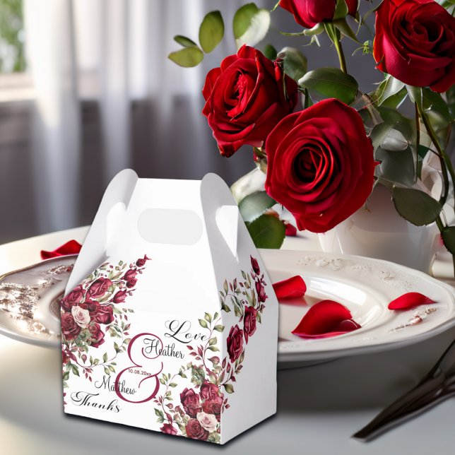 Burgundy Floral Modern Script Wedding Favor Box (Creator Uploaded)