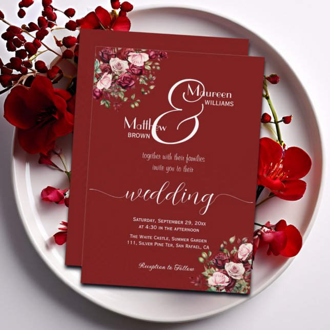 Burgundy Floral Modern Script Wedding Invitation (Creator Uploaded)