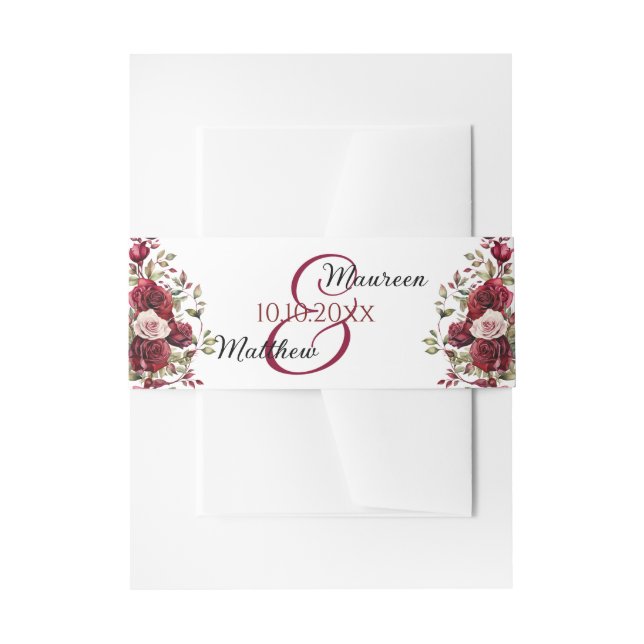 Burgundy Floral Modern Script Wedding Invitation Belly Band (Front Example)