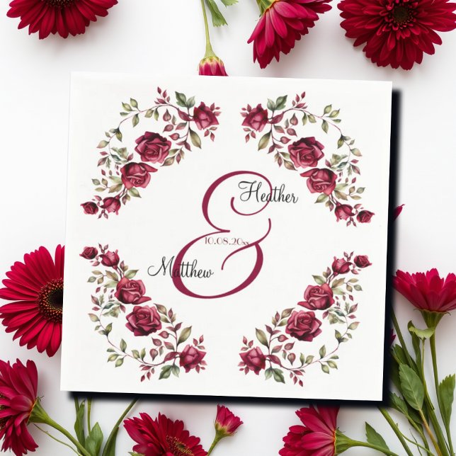 Burgundy Floral Modern Script Wedding Napkin (Creator Uploaded)