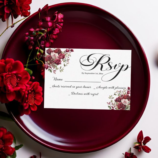 Burgundy Floral Modern Script Wedding RSVP Card (Creator Uploaded)