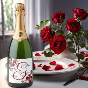 Burgundy Floral Modern Script Wedding Sparkling Wine Label