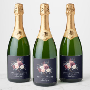 Burgundy Floral Modern Thank you Navy Wedding Sparkling Wine Label