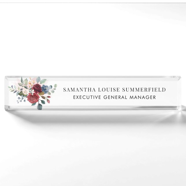 Burgundy Floral Modern Watercolor Nameplate (Front)