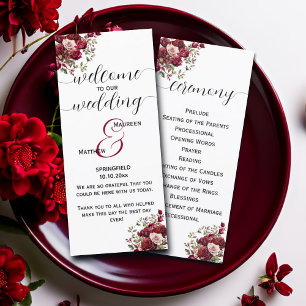 Burgundy Floral Modern Wedding Ceremony Program 