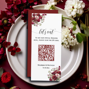 Burgundy Floral Moderne QR Code 4x9'' Menu Mariage