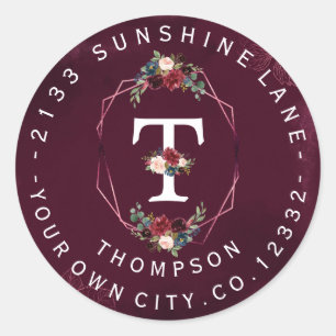 Burgundy Floral Monogram Circular Address Label