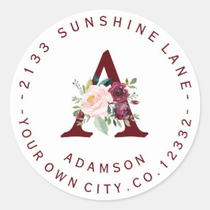 Burgundy Floral Monogram Circular Address Label