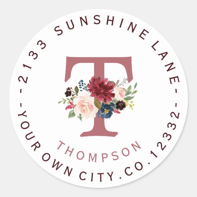 Burgundy Floral Monogram Circular Address Label (Front)