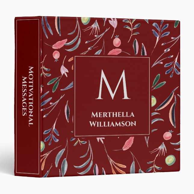 Burgundy Floral MONOGRAM Custom Personalized Binder (Front/Spine)