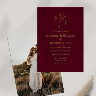 Burgundy Floral Monogram Custom Photo Invitation