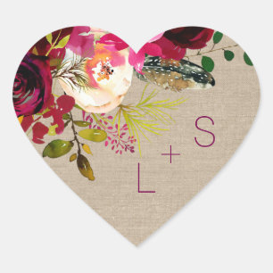 Burgundy Floral monogram heart favour sticker 3979