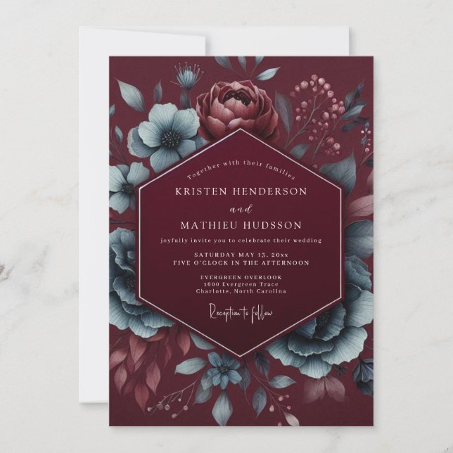 Burgundy Floral Mood Wedding Invitation (Front)