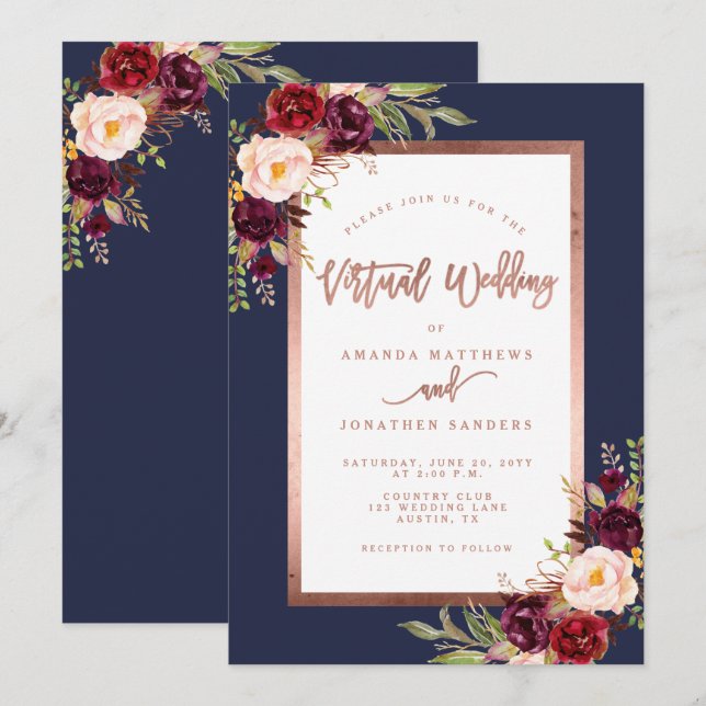 Burgundy Floral Moody Rose Gold Virtual Wedding Invitation (Front/Back)