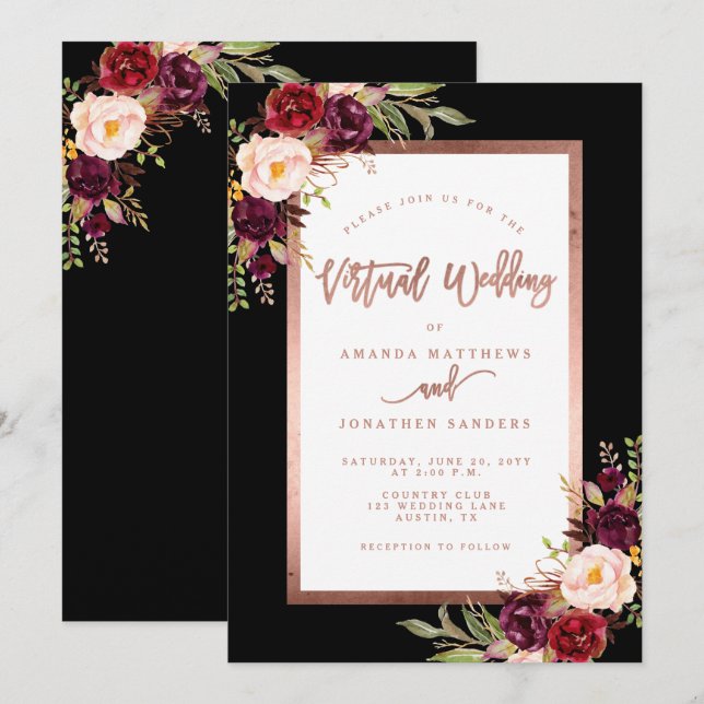 Burgundy Floral Moody Rose Gold Virtual Wedding Invitation (Front/Back)