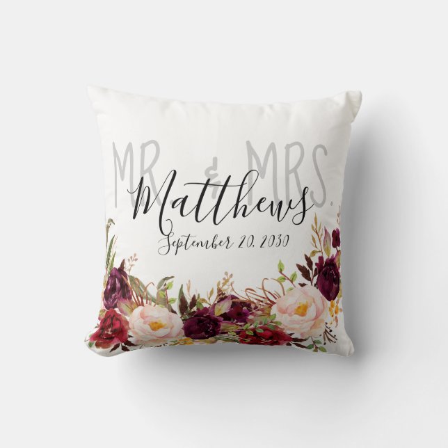 Burgundy Floral Mr and Mrs Wedding Keepsake Throw Pillow (Front)