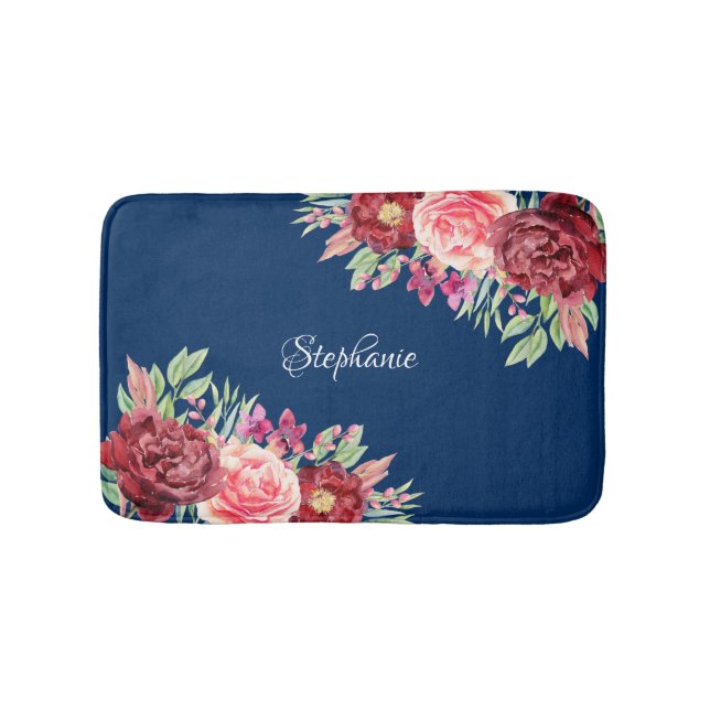 Burgundy Floral Navy Blue Bath Mat (Front)